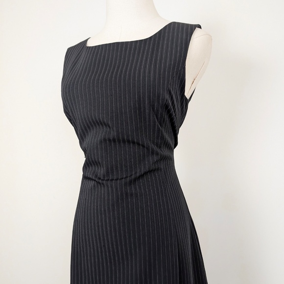 90s Pinstripe Mini Dress Short Thigh Length High Neckline Pleated Fitted Stripes - Picture 2 of 14